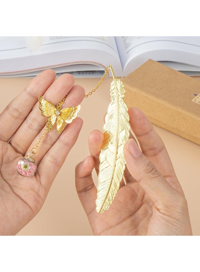 ChicAbode Book Accessory Gift Pack, Golden Feather Book Mark with Golden Butterfly, Pink Diamond and White Floret Pendant - Image 4